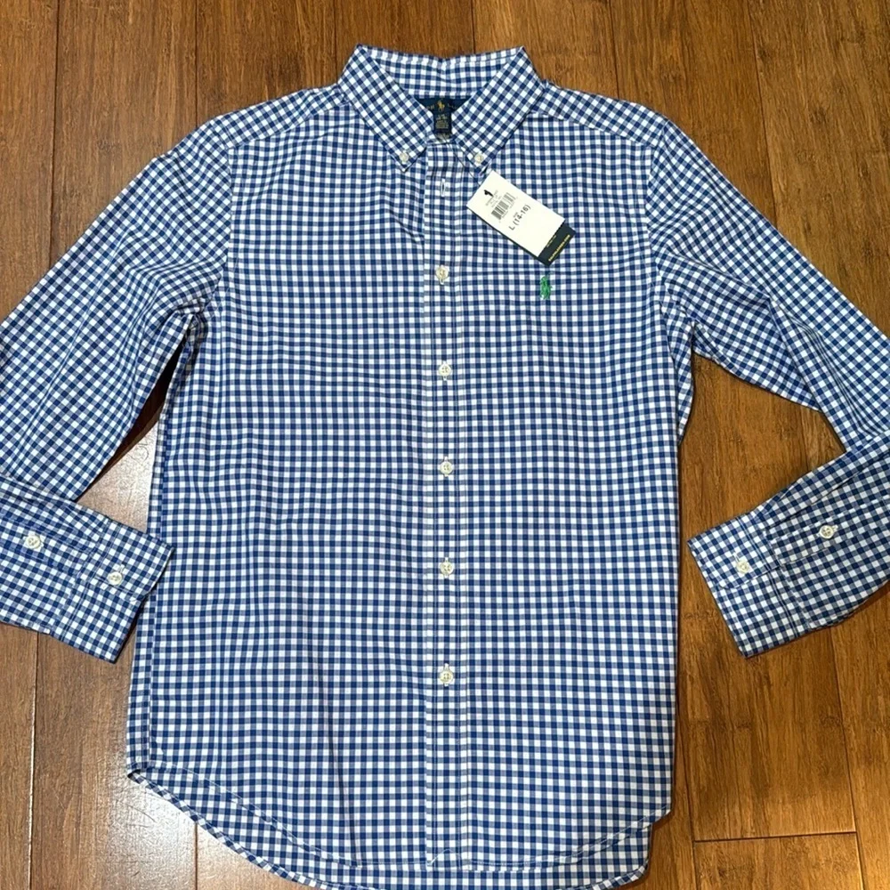Ralph Lauren boys long sleeved button down shirt blue/white gingham L (14-16)